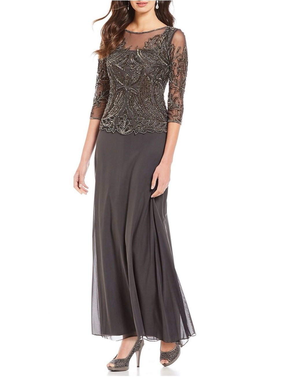 Pisarro Nights Embellished Mesh Bodice Maxi Gown - Charcoal